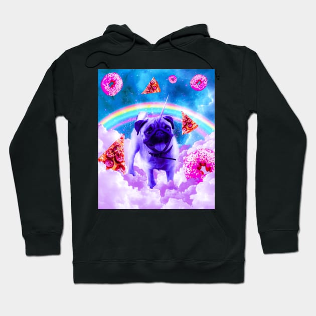 Rainbow Unicorn Pug In The Clouds In Space Hoodie by Random Galaxy